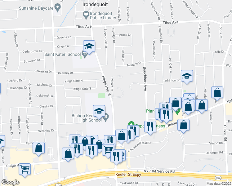 map of restaurants, bars, coffee shops, grocery stores, and more near 40 Kings Court Way in Irondequoit