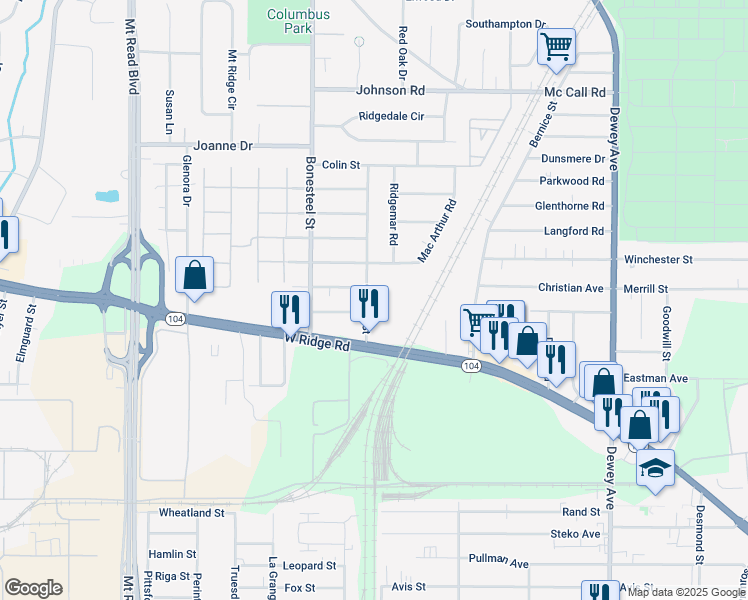 map of restaurants, bars, coffee shops, grocery stores, and more near 66 Carlisle St in Rochester