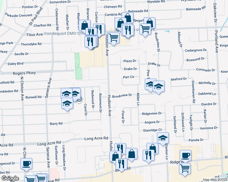 map of restaurants, bars, coffee shops, grocery stores, and more near 2008 Hudson Avenue in Rochester