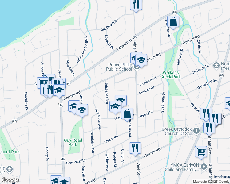map of restaurants, bars, coffee shops, grocery stores, and more near 19 Prince Philip Drive in St. Catharines