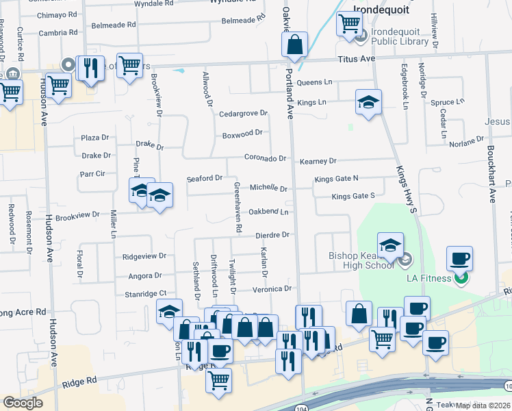 map of restaurants, bars, coffee shops, grocery stores, and more near 36 Oakbend Ln in Rochester