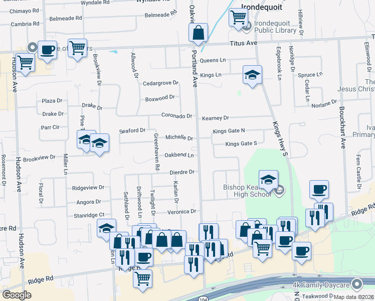 map of restaurants, bars, coffee shops, grocery stores, and more near 90 Oakbend Lane in Rochester