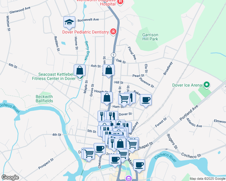 map of restaurants, bars, coffee shops, grocery stores, and more near 629 New Hampshire 108 in Dover
