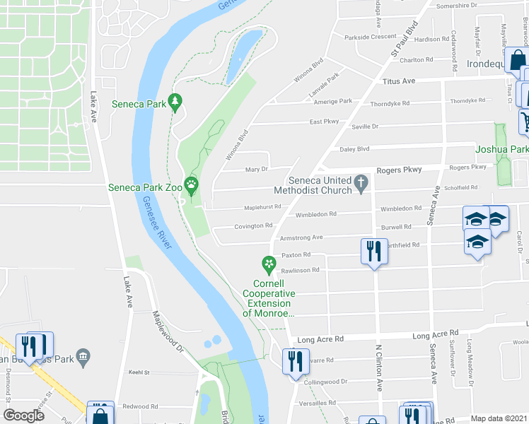 map of restaurants, bars, coffee shops, grocery stores, and more near 127 Maplehurst Road in Rochester