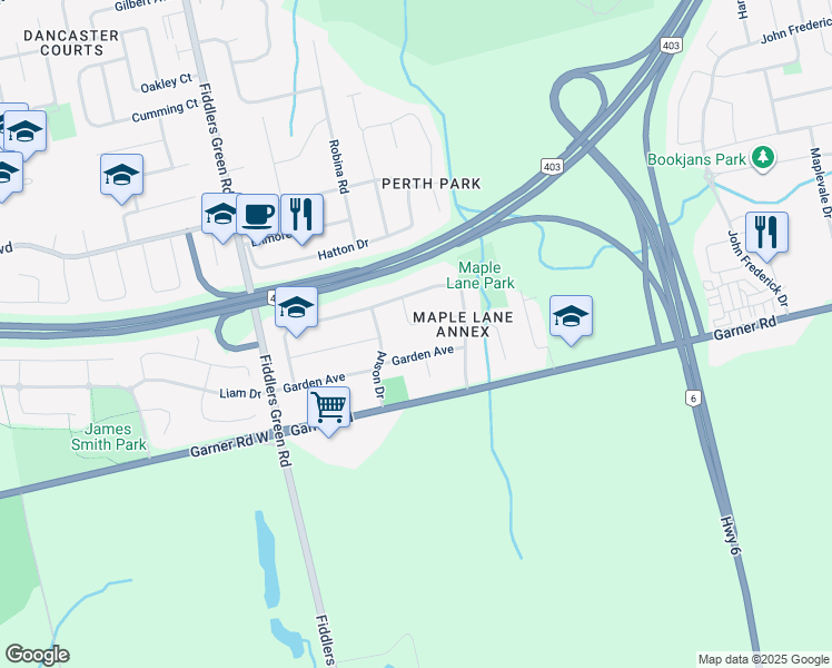 map of restaurants, bars, coffee shops, grocery stores, and more near 484 Bush Drive in Hamilton