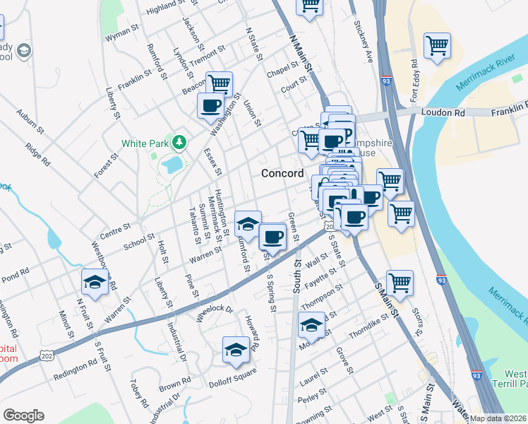 map of restaurants, bars, coffee shops, grocery stores, and more near 205 Loudon Road in Concord