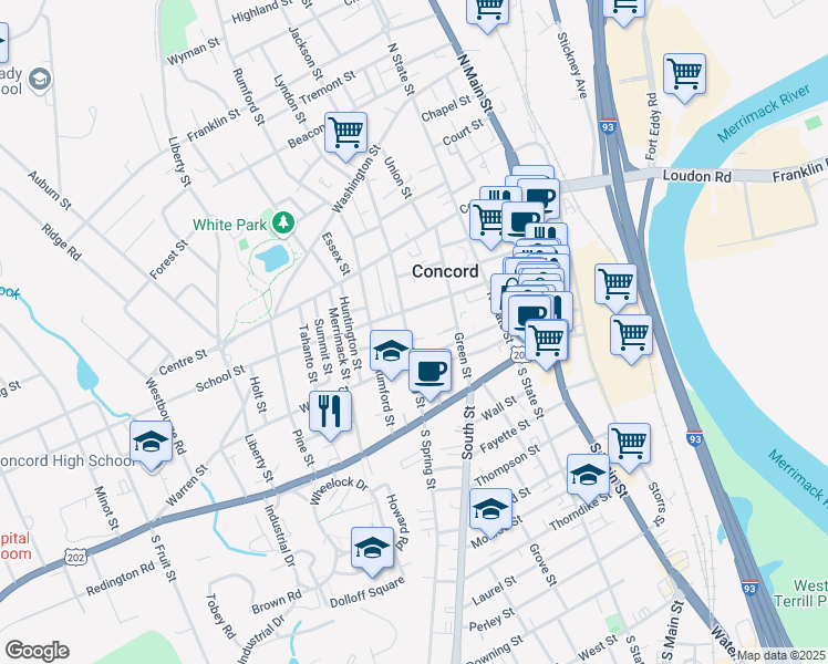 map of restaurants, bars, coffee shops, grocery stores, and more near 40 North Spring Street in Concord