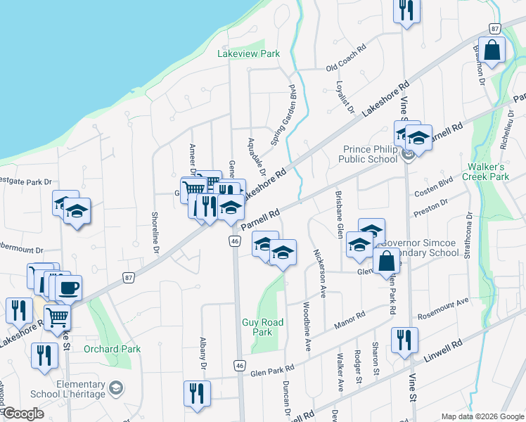 map of restaurants, bars, coffee shops, grocery stores, and more near 13 Parnell Road in St. Catharines