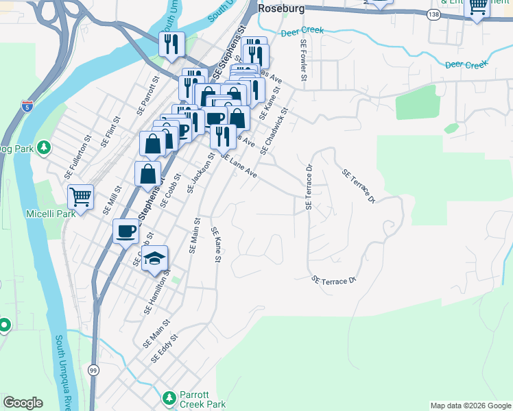 map of restaurants, bars, coffee shops, grocery stores, and more near 1206 Southeast Hawthorne Drive in Roseburg