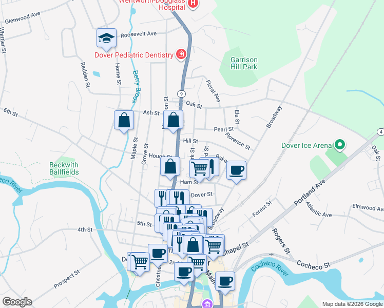 map of restaurants, bars, coffee shops, grocery stores, and more near 629 New Hampshire 108 in Dover