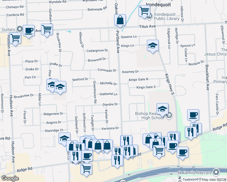 map of restaurants, bars, coffee shops, grocery stores, and more near 90 Oakbend Lane in Rochester