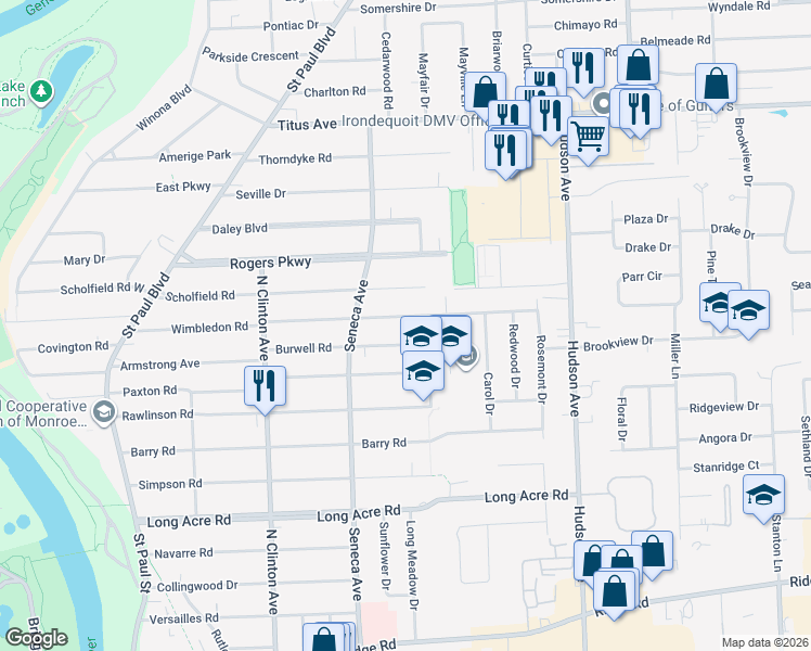 map of restaurants, bars, coffee shops, grocery stores, and more near 395 Wimbledon Road in Rochester