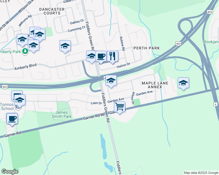 map of restaurants, bars, coffee shops, grocery stores, and more near 20 Miller Drive in Hamilton