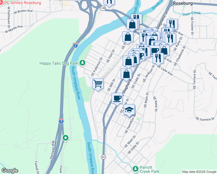 map of restaurants, bars, coffee shops, grocery stores, and more near 1312 Southeast Mill Street in Roseburg