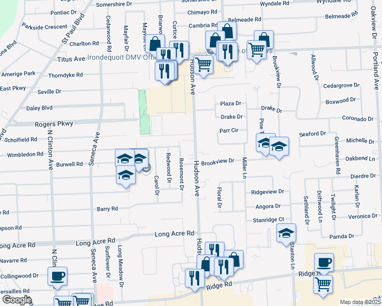 map of restaurants, bars, coffee shops, grocery stores, and more near 2011 Hudson Avenue in Rochester