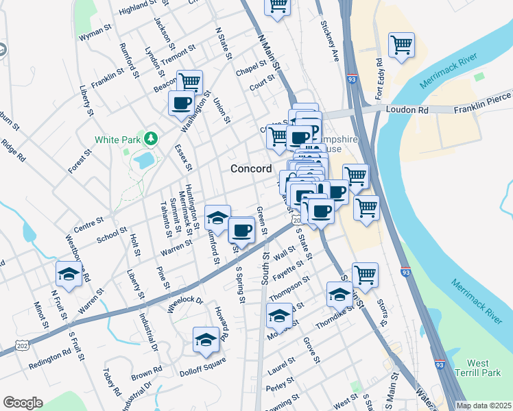 map of restaurants, bars, coffee shops, grocery stores, and more near 19 Green Street in Concord