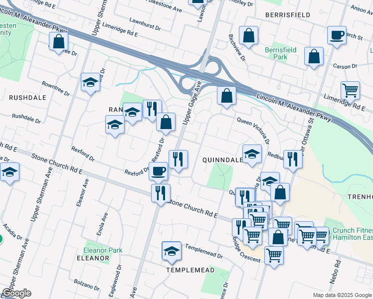 map of restaurants, bars, coffee shops, grocery stores, and more near 1285 Upper Gage Avenue in Hamilton