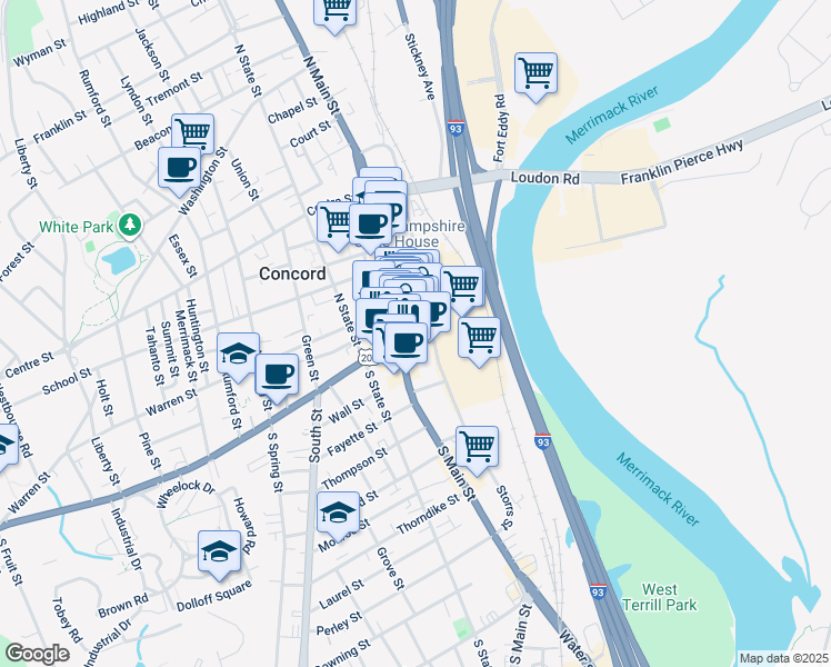 map of restaurants, bars, coffee shops, grocery stores, and more near 7 Pleasant Street Extension in Concord