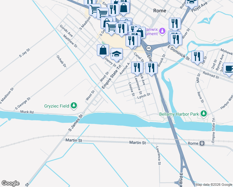 map of restaurants, bars, coffee shops, grocery stores, and more near 312 East North Street in Rome