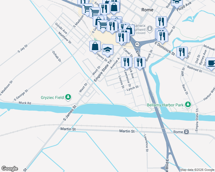 map of restaurants, bars, coffee shops, grocery stores, and more near 312 East North Street in Rome