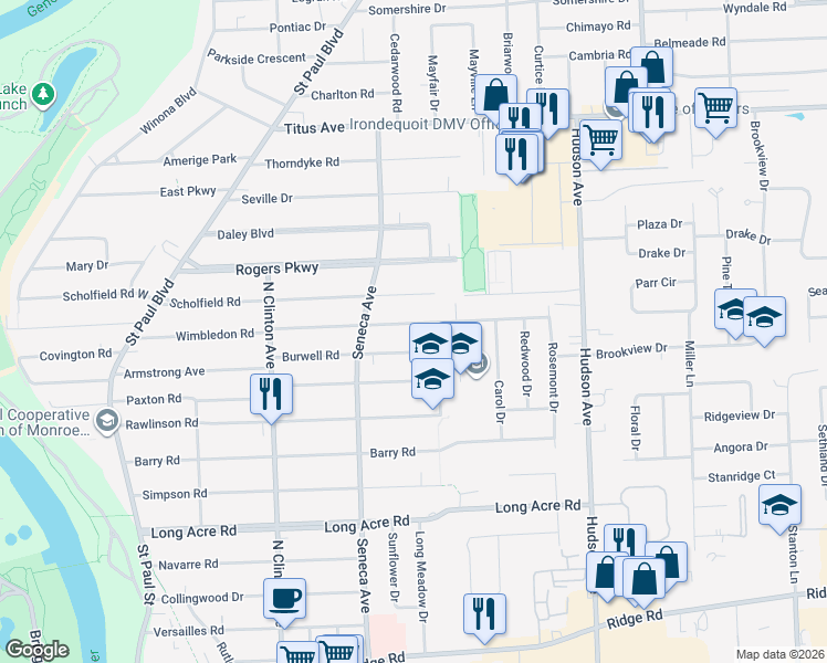 map of restaurants, bars, coffee shops, grocery stores, and more near 395 Wimbledon Road in Rochester