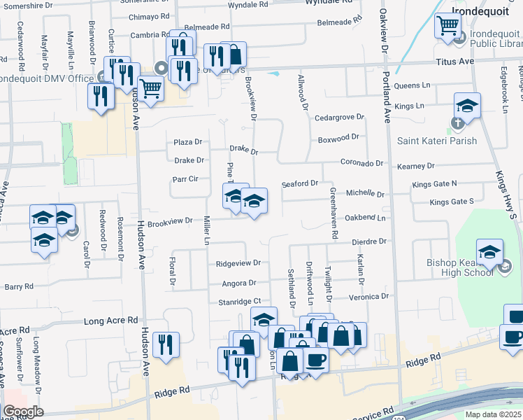 map of restaurants, bars, coffee shops, grocery stores, and more near 276 Brookview Drive in Rochester