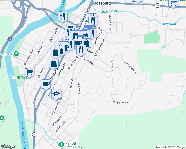 map of restaurants, bars, coffee shops, grocery stores, and more near 1206 Southeast Hawthorne Drive in Roseburg