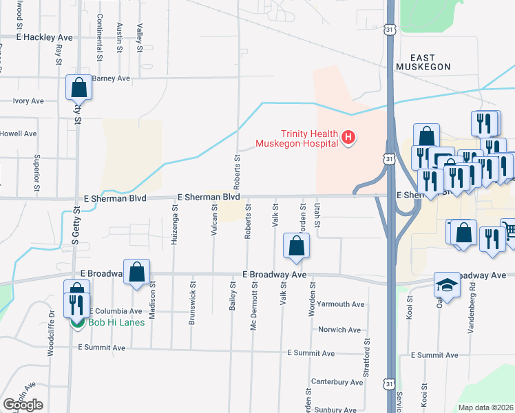 map of restaurants, bars, coffee shops, grocery stores, and more near 2624 Roberts Street in Norton Shores