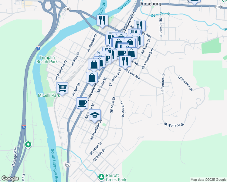 map of restaurants, bars, coffee shops, grocery stores, and more near 1054 SE Main St in Roseburg
