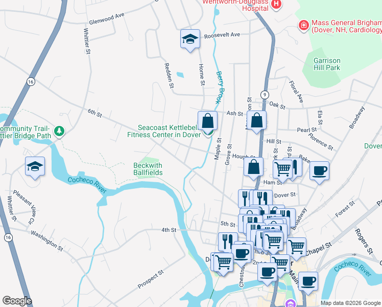 map of restaurants, bars, coffee shops, grocery stores, and more near 11 Horne Street in Dover