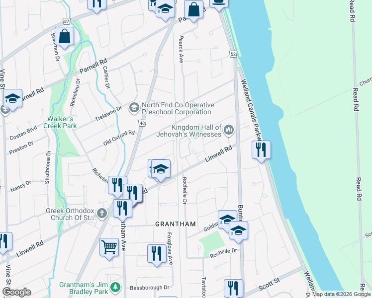 map of restaurants, bars, coffee shops, grocery stores, and more near 2 Weiden Street in St. Catharines