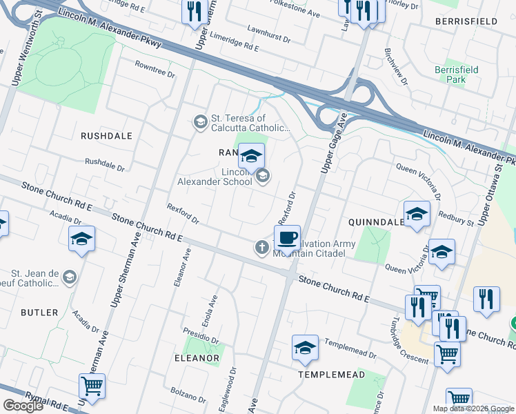 map of restaurants, bars, coffee shops, grocery stores, and more near in Hamilton