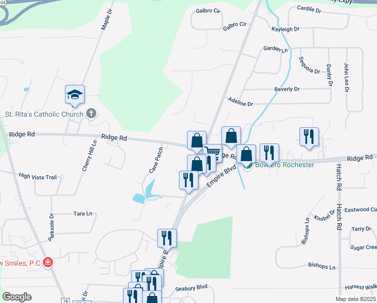 map of restaurants, bars, coffee shops, grocery stores, and more near 587 Ridge Rd in Webster