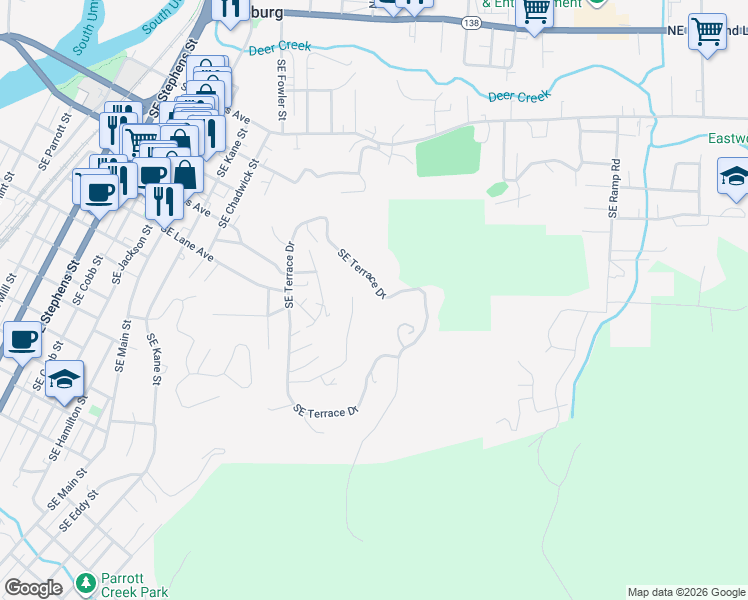 map of restaurants, bars, coffee shops, grocery stores, and more near 345 Southeast Terrace Drive in Roseburg