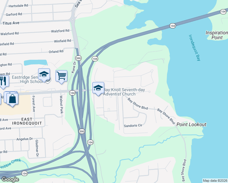map of restaurants, bars, coffee shops, grocery stores, and more near 2725 East Ridge Road in Irondequoit
