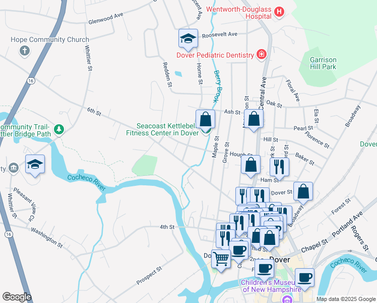 map of restaurants, bars, coffee shops, grocery stores, and more near 11 Horne Street in Dover