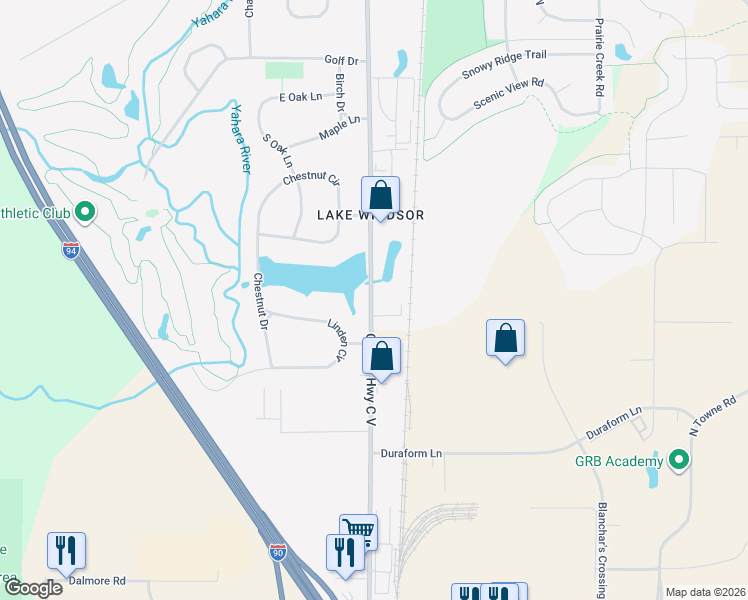 map of restaurants, bars, coffee shops, grocery stores, and more near 6524 Lake Road in Windsor