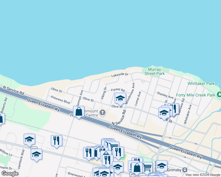 map of restaurants, bars, coffee shops, grocery stores, and more near 26 Forest Road in Grimsby