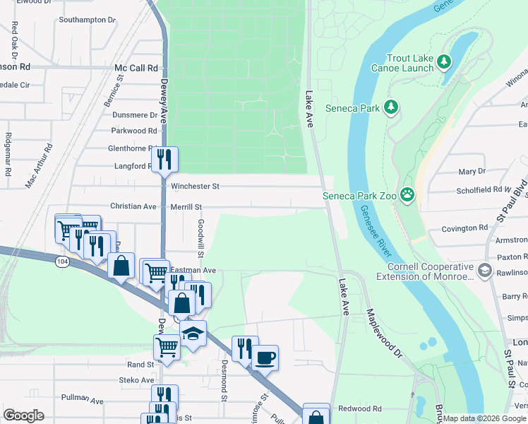 map of restaurants, bars, coffee shops, grocery stores, and more near 129 Merrill Street in Rochester