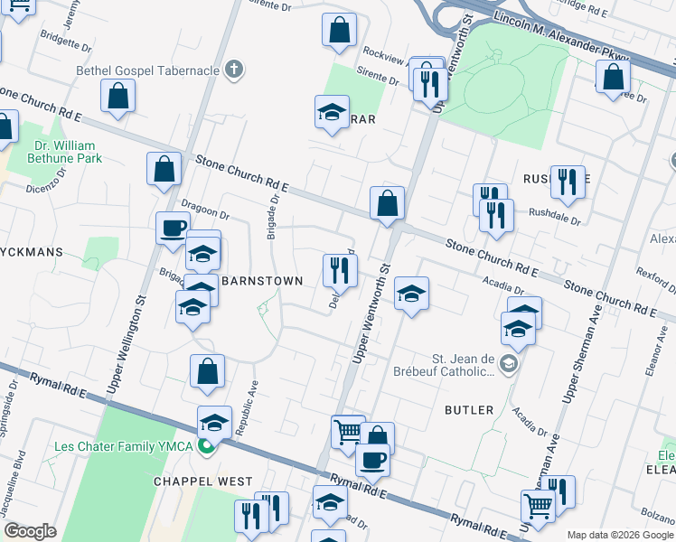 map of restaurants, bars, coffee shops, grocery stores, and more near 284 Delancey Boulevard in Hamilton