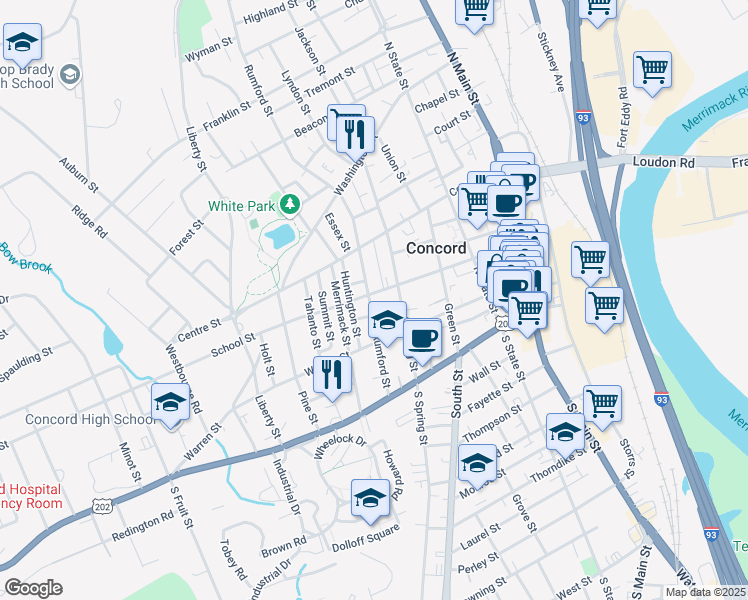 map of restaurants, bars, coffee shops, grocery stores, and more near 42 Rumford Street in Concord