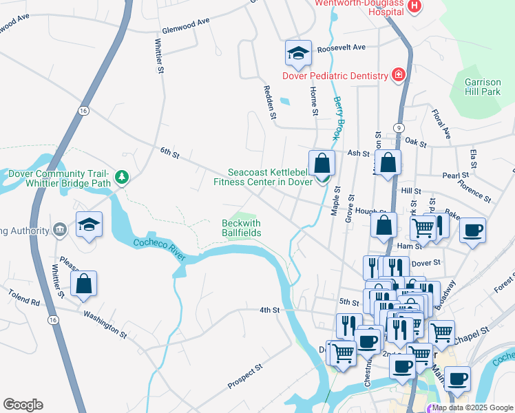map of restaurants, bars, coffee shops, grocery stores, and more near 98 6th Street in Dover