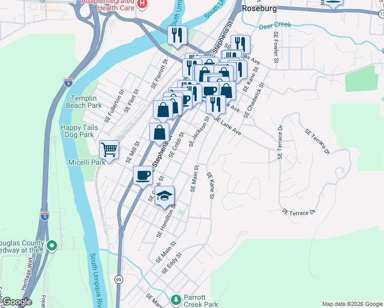 map of restaurants, bars, coffee shops, grocery stores, and more near 1054 Southeast Main Street in Roseburg