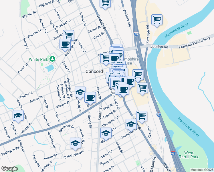 map of restaurants, bars, coffee shops, grocery stores, and more near 25 Warren Street in Concord