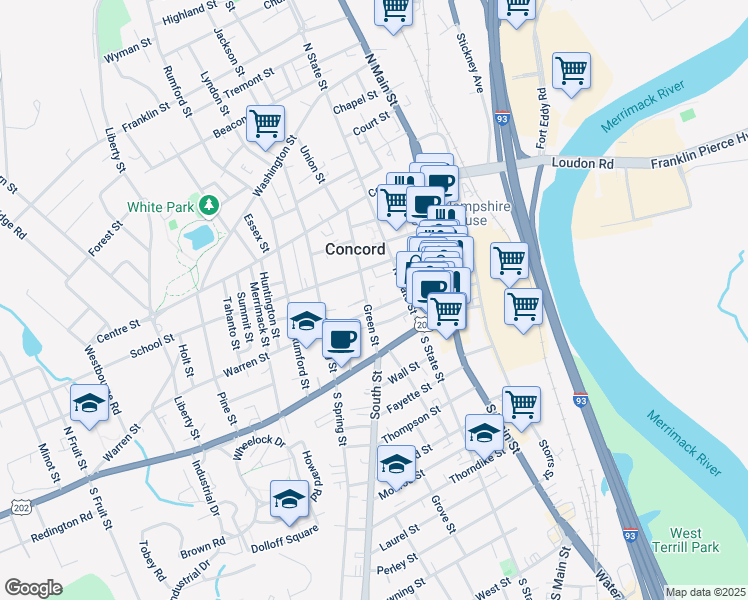 map of restaurants, bars, coffee shops, grocery stores, and more near 19 Green Street in Concord