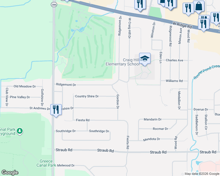 map of restaurants, bars, coffee shops, grocery stores, and more near 405 Ridgemont Drive in Rochester