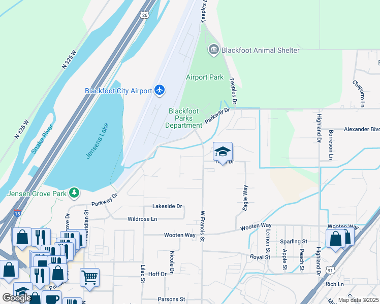 map of restaurants, bars, coffee shops, grocery stores, and more near 565 Harbor Drive in Blackfoot