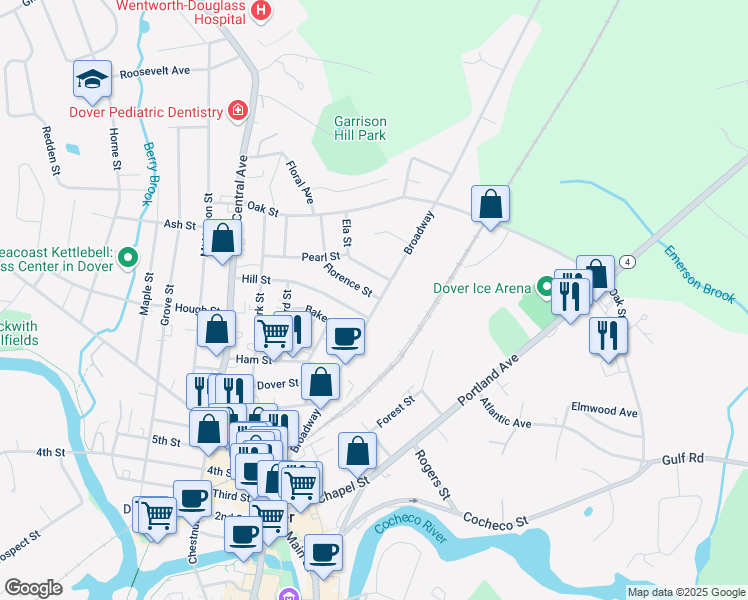 map of restaurants, bars, coffee shops, grocery stores, and more near 104 Broadway in Dover