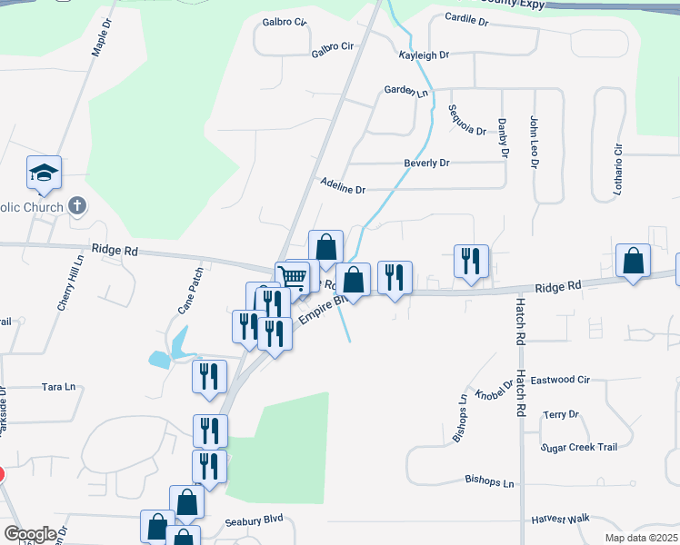 map of restaurants, bars, coffee shops, grocery stores, and more near 626 Ridge Rd in Webster