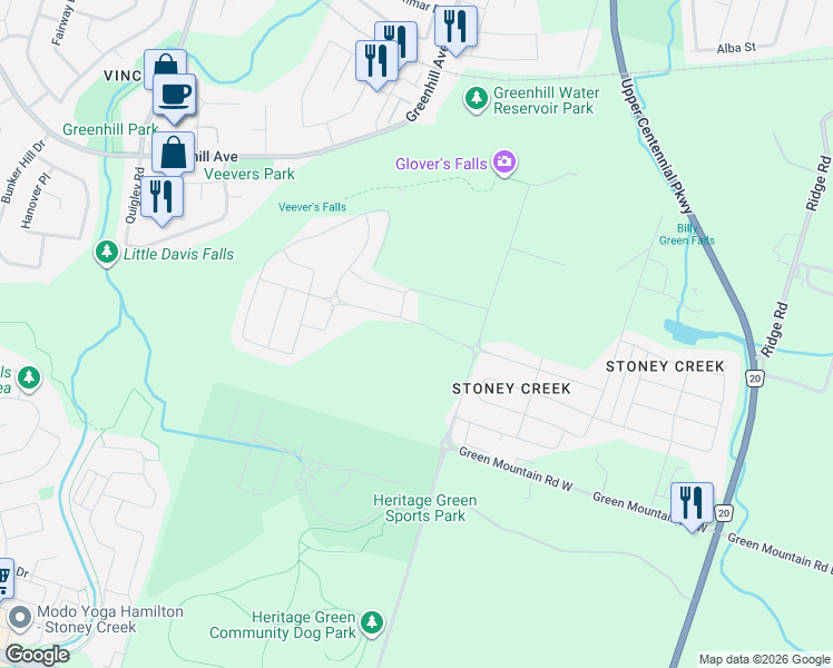 map of restaurants, bars, coffee shops, grocery stores, and more near 185 Bedrock Drive in Hamilton